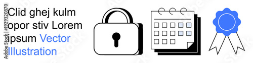 Data privacy, online security, planning, certification, reliability, schedule management. Lock, calendar and certification ribbon . Data privacy and online security themed