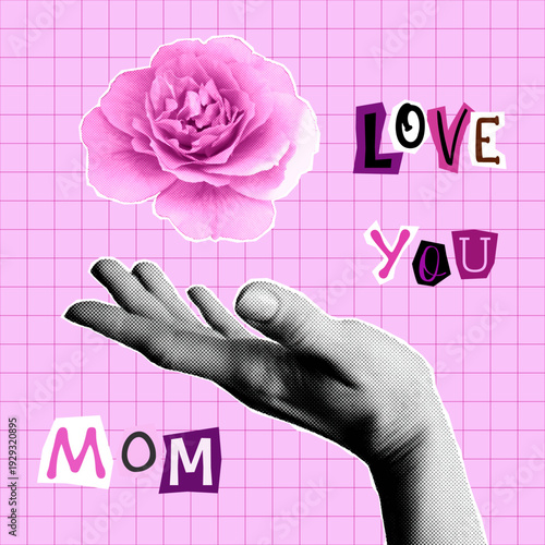 Happy Mothers Day halftone collage card with cutout letters and flower. Trendy modern collage design with retro halftone texture.