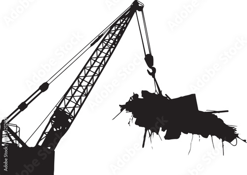 Black silhouette of crane lifting debris white background