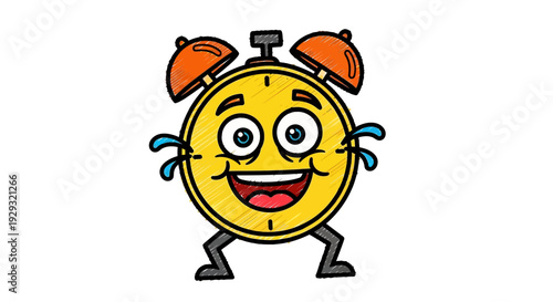 Smiling cartoon alarm clock character standing.