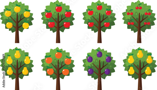 Set of colorful fruit trees including apple, pear, orange, cherry, and plum trees with ripe fruits for garden and agriculture design,