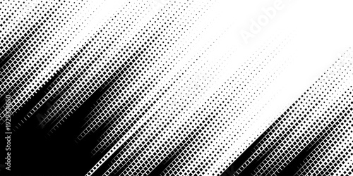 Grunge halftone gradient background. Faded grit noise texture. White and black sand wallpaper. Retro pixelated backdrop. Anime or manga style comic overlay. Vector graphic design textured template