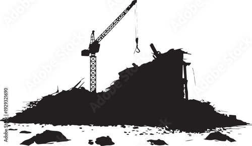 Black silhouette of demolition site with crane construction