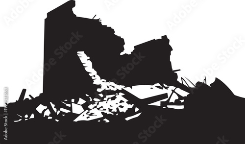 Black silhouette of destroyed building with rubble