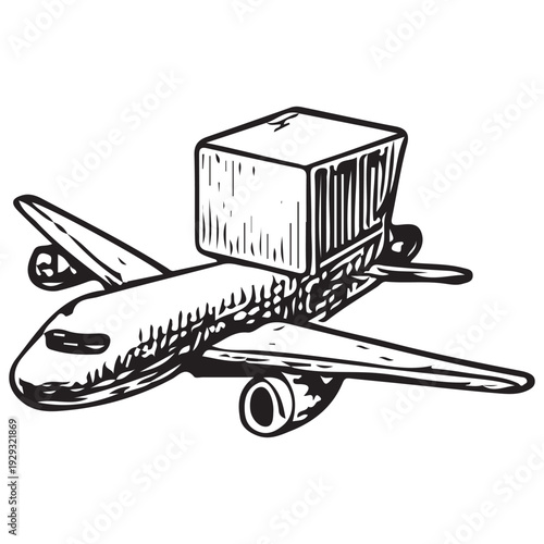 Vintage Cargo Airplane Delivery Hand Drawn Engraving Illustration Global Logistics Transport