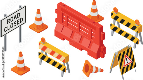 Road closed construction isometric barriers traffic cones and warning signs safety vector illustration set