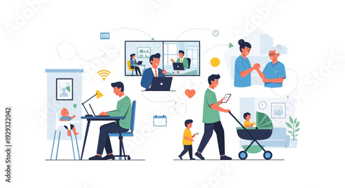 Modern Work-Life Balance: Remote Work, Parenting, and Family Care. Juggling Professional and Personal Responsibilities Illustration.