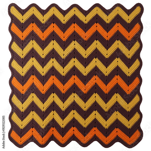 Vintage 1970s Crocheted Afghan with Harvest‑Gold Chevron Pattern, Isolated on Transparent Background