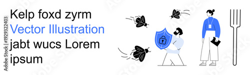 Cybersecurity, online safety, data protection, digital threats, personal security, malware defense. Person holding shield confronting bugs. Cybersecurity and online safety concept