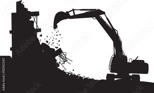 Black silhouette of excavator demolishing building