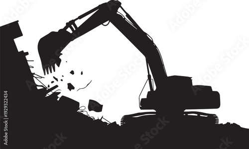 Black silhouette of excavator demolishing building