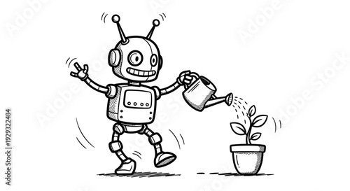 Robot watering a small plant.