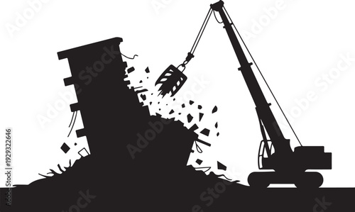 Black silhouette of excavator demolishing building