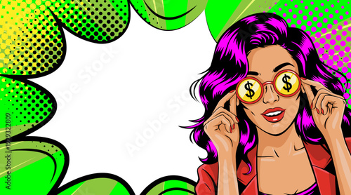 Pop Art Money Woman - Retro Comic Book Girl with Dollar Sign Glasses and Halftone Background