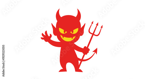 Red cartoon devil with horns and pitchfork.
