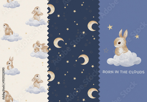 Watercolor night sky seamless pattern set with cute bunny on clouds, editable psdt template. Moon and stars baby nursery wallpaper background with isolated illustration element