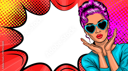 Pop Art Cool Woman - Retro Comic Book Girl with Heart Sunglasses and Halftone Background