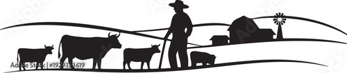 Black silhouette of farmer with cattle and barn
