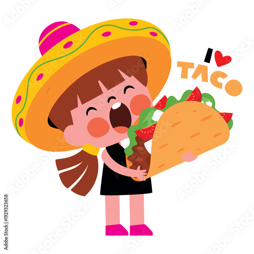 Cartoon Mexican Girl Eating Taco