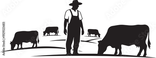 Black silhouette of farmer standing with grazing cows