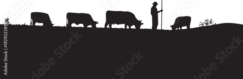 Black silhouette of farmer with cattle on grassy hill