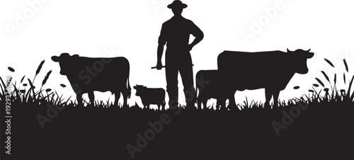 Black silhouette of farmer with cattle white background