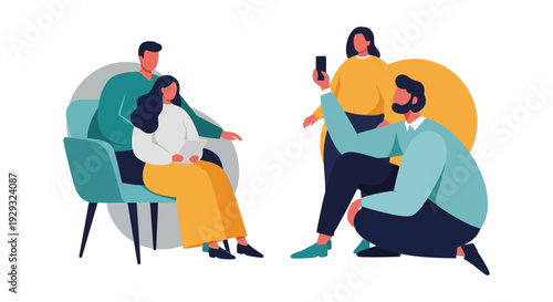 Modern Team Collaboration and Digital Interaction with Technology - Flat Vector Illustration