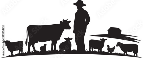 Black silhouette of farmer with cows and chickens on farm