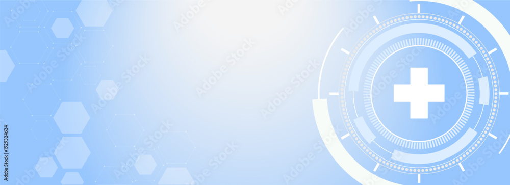 Obraz premium Concept of healthcare and medical technology. Health cross on abstract hi-tech future blue background. Virtual doctor, medical assistant, and innovation medicine