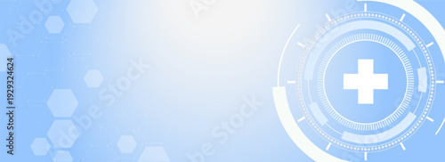 Concept of healthcare and medical technology. Health cross on abstract hi-tech future blue background. Virtual doctor, medical assistant, and innovation medicine