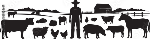 Black silhouette of farmer with livestock on farm animals