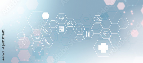 Blue healthcare background with plus signs and molecules. Suitable for medical presentations, healthcare websites, or scientific research articles.