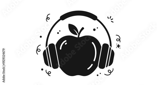 Apple wearing black headphones illustration.