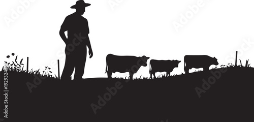 Black silhouette of man herding cattle white background
