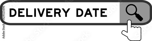 Search banner in word delivery date with hand over magnifier icon on white background