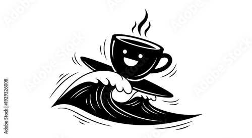 Smiling coffee cup surfing wave.
