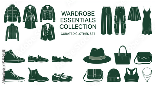 A stylish set of essential wardrobe items featuring clothes shoes and accessories for modern fashion