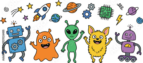 Cute cartoon robots aliens and space monsters with planets rockets and stars creating a fun cosmic scene