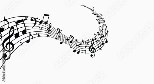 Black musical notes flowing in a curved line on a white background