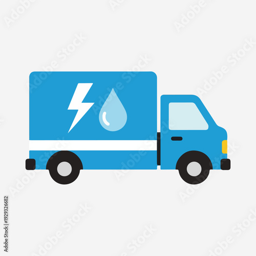 Blue delivery truck with lightning and water drop on the side