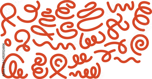 Playful assortment of continuous red squiggles and spirals creating a cheerful abstract design element
