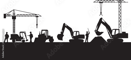 Construction site silhouette with cranes and excavators
