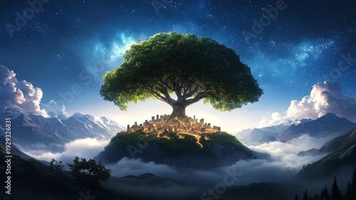 A giant tree with cities built on its branches