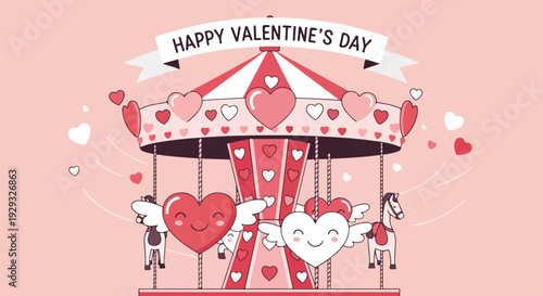 Cartoon carousel with hearts, wings, and "Happy Valentine's Day" banner