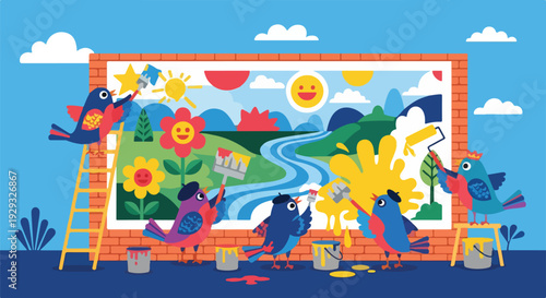 Cartoon birds paint a mural of a sunny landscape