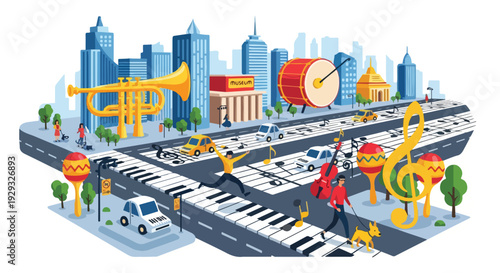 Cartoon city scene with instruments like a trumpet, drum, and maracas