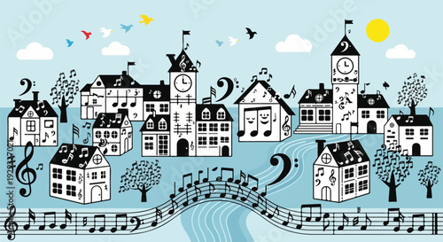 Cartoon depiction of a town where musical notes replace trees, birds, and features