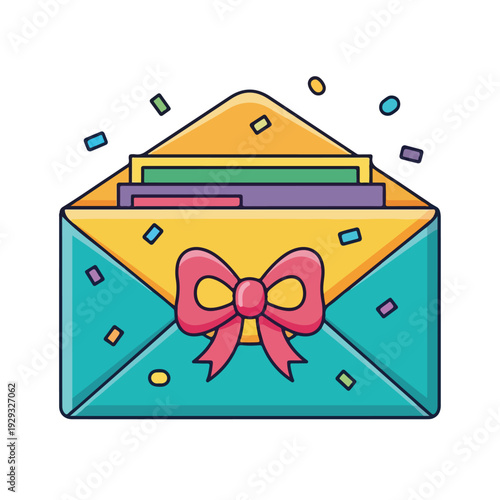 Cartoon envelope, teal, yellow, with pink bow, colorful paper, and confetti