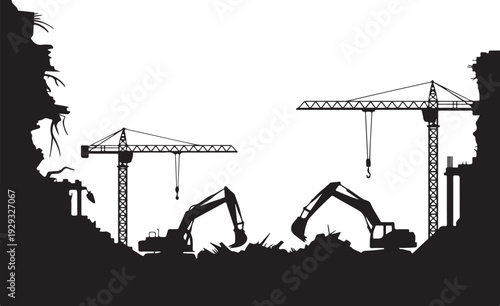 Construction site with cranes and excavators silhouette