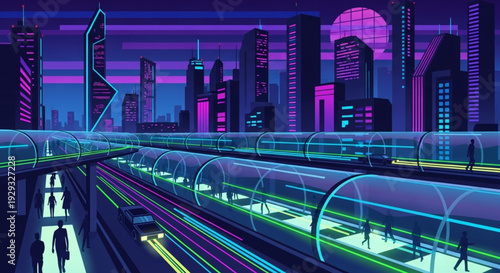 The metropolis pulsates to the rhythm of the traffic: laser lights in acid green and electric blue paint as they cross futuristic tunnels — vector illustration, synthwave vibe.